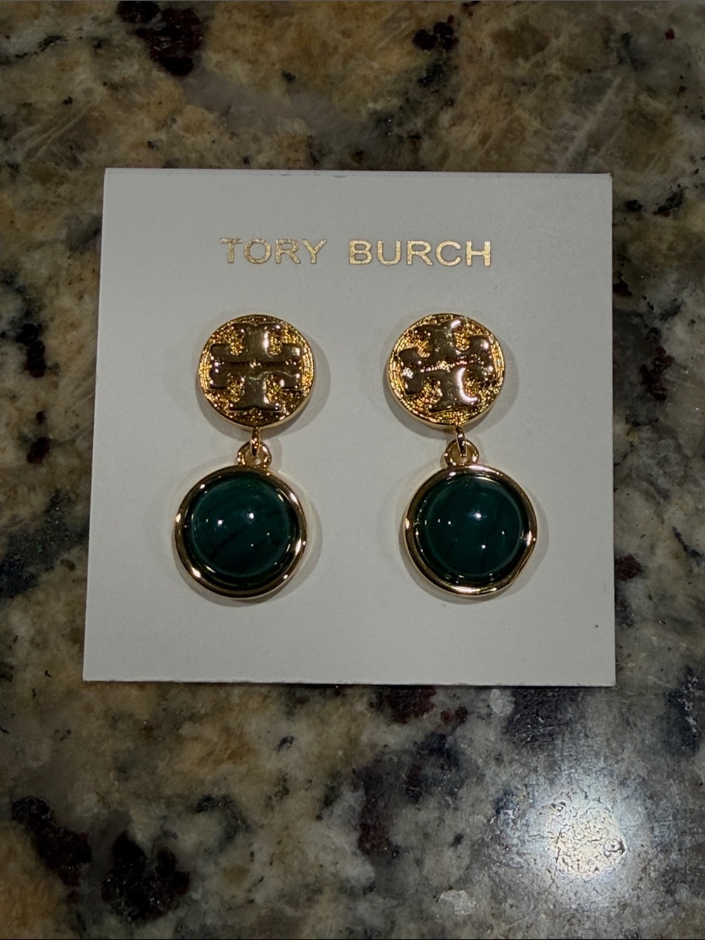 Tory Burch Gold Drop Earrings with Dark Green Cabochons